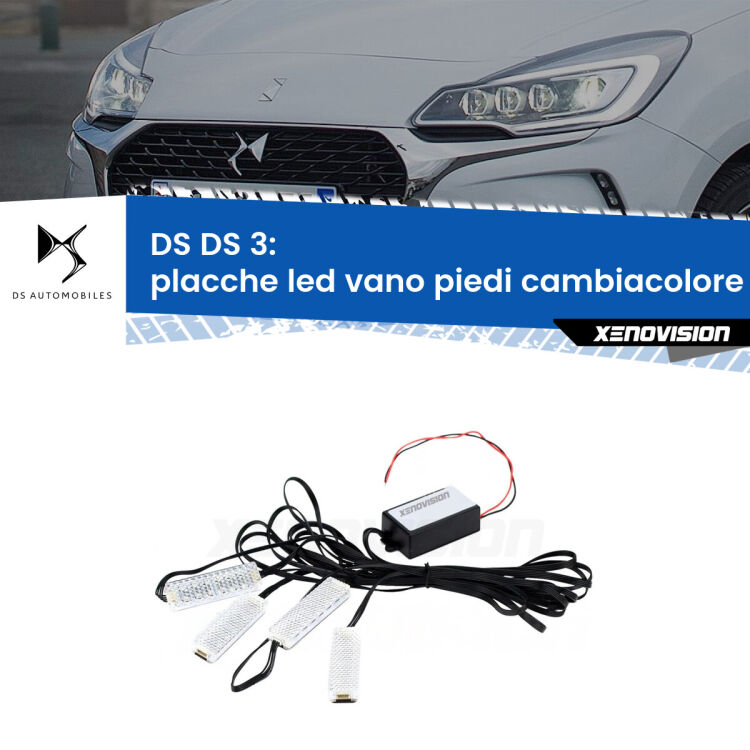 <strong>Kit placche LED cambiacolore vano piedi DS DS 3</strong>  2015 - 2019. 4 placche <strong>Bluetooth</strong> con app Android /iOS.