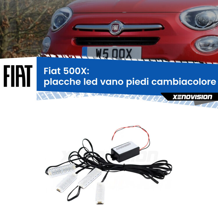 <strong>Kit placche LED cambiacolore vano piedi Fiat 500X</strong>  2014 in poi. 4 placche <strong>Bluetooth</strong> con app Android /iOS.