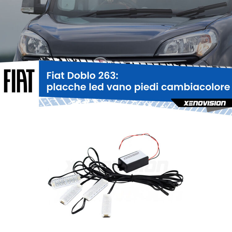 <strong>Kit placche LED cambiacolore vano piedi Fiat Doblo</strong> 263 2010 - 2016. 4 placche <strong>Bluetooth</strong> con app Android /iOS.