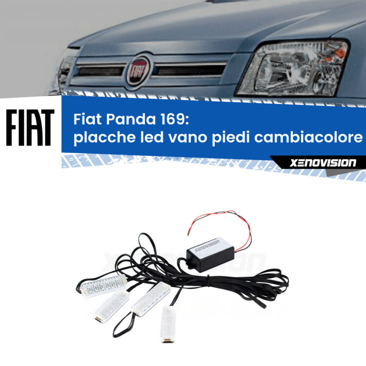 <strong>Kit placche LED cambiacolore vano piedi Fiat Panda</strong> 169 2003 - 2012. 4 placche <strong>Bluetooth</strong> con app Android /iOS.