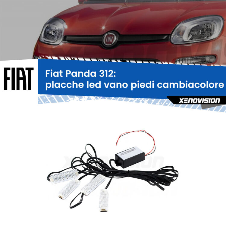 <strong>Kit placche LED cambiacolore vano piedi Fiat Panda</strong> 312 2012 in poi. 4 placche <strong>Bluetooth</strong> con app Android /iOS.