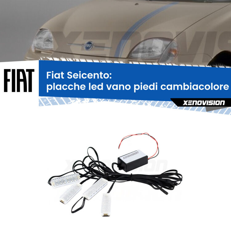 <strong>Kit placche LED cambiacolore vano piedi Fiat Seicento</strong>  1998 - 2010. 4 placche <strong>Bluetooth</strong> con app Android /iOS.