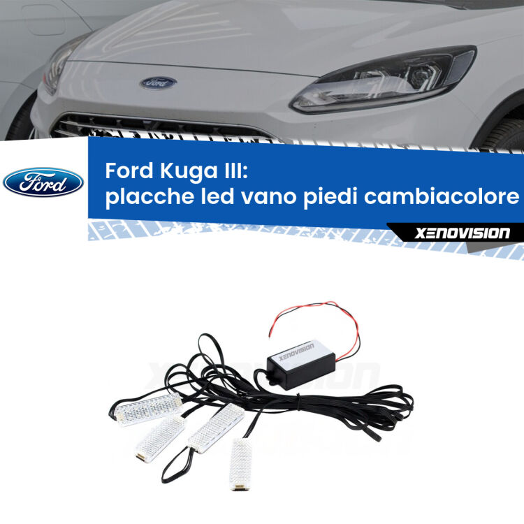 <strong>Kit placche LED cambiacolore vano piedi Ford Kuga III</strong>  2019 in poi. 4 placche <strong>Bluetooth</strong> con app Android /iOS.