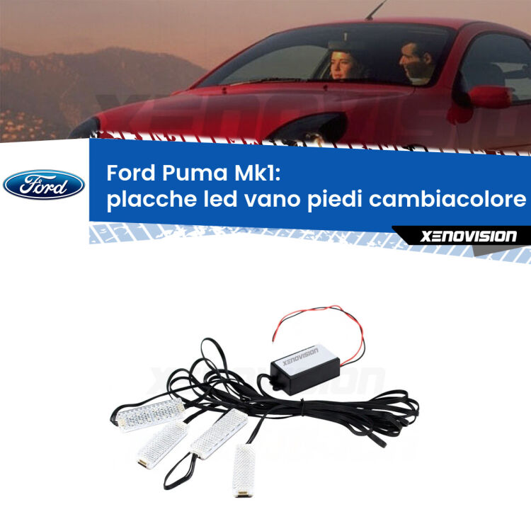 <strong>Kit placche LED cambiacolore vano piedi Ford Puma</strong> Mk1 1997 - 2002. 4 placche <strong>Bluetooth</strong> con app Android /iOS.