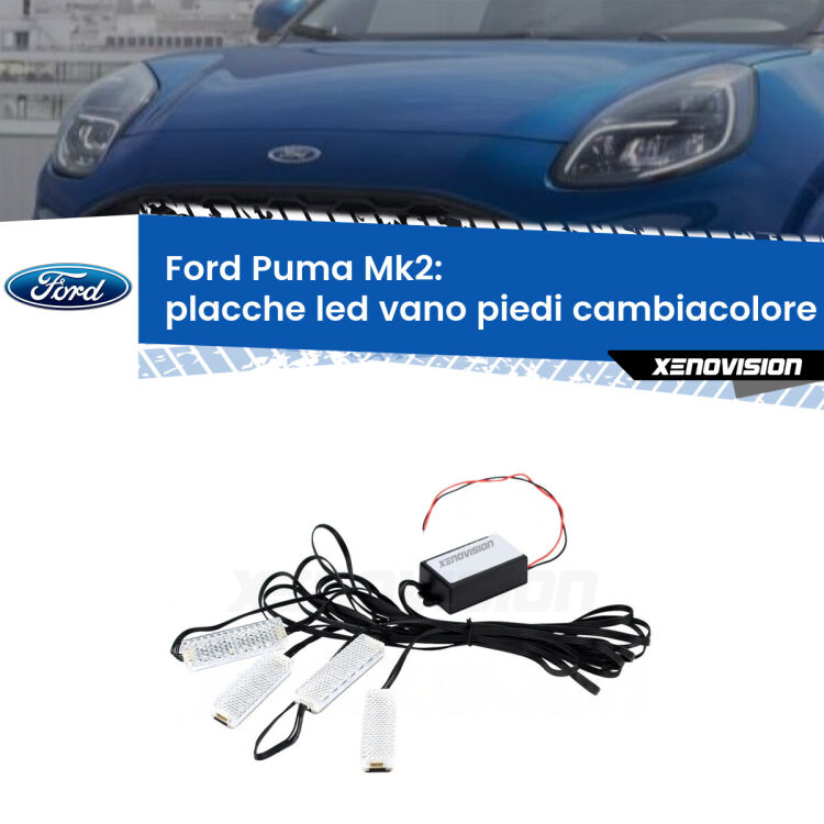 <strong>Kit placche LED cambiacolore vano piedi Ford Puma</strong> Mk2 2019 in poi. 4 placche <strong>Bluetooth</strong> con app Android /iOS.