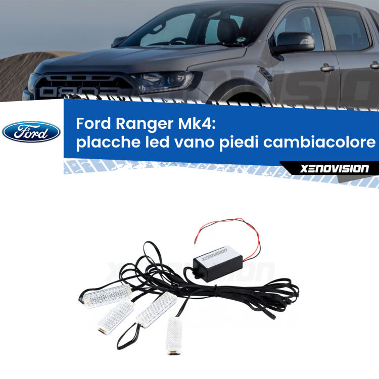 <strong>Kit placche LED cambiacolore vano piedi Ford Ranger</strong> Mk4 2011 in poi. 4 placche <strong>Bluetooth</strong> con app Android /iOS.