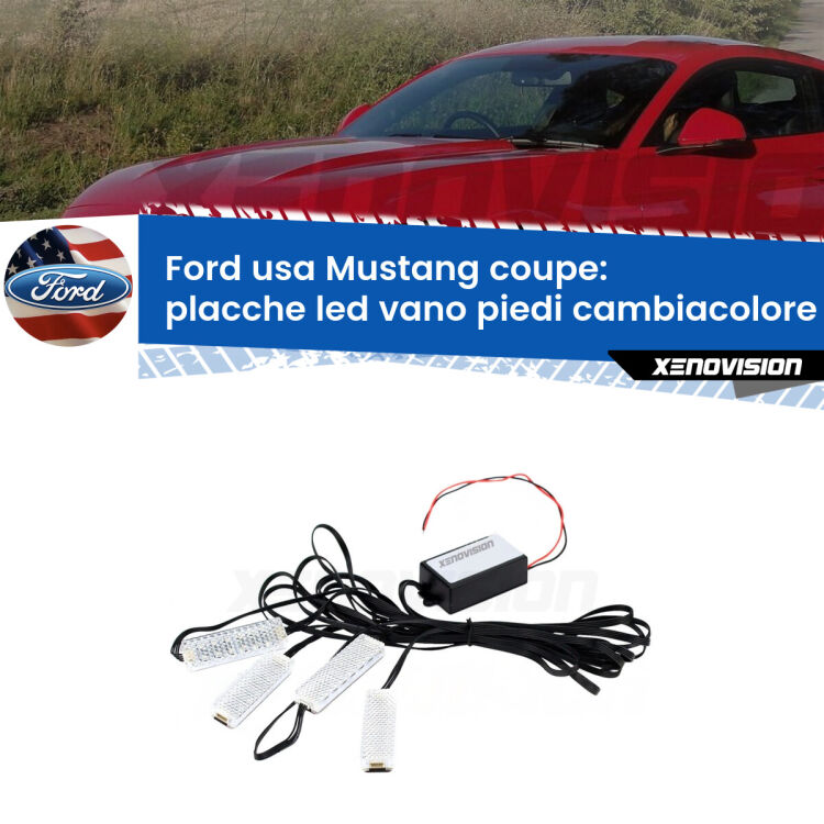 <strong>Kit placche LED cambiacolore vano piedi Ford usa Mustang coupe</strong>  2014 in poi. 4 placche <strong>Bluetooth</strong> con app Android /iOS.