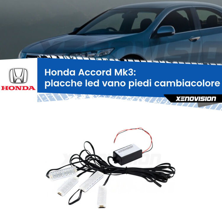 <strong>Kit placche LED cambiacolore vano piedi Honda Accord</strong> Mk3 1985 - 1989. 4 placche <strong>Bluetooth</strong> con app Android /iOS.