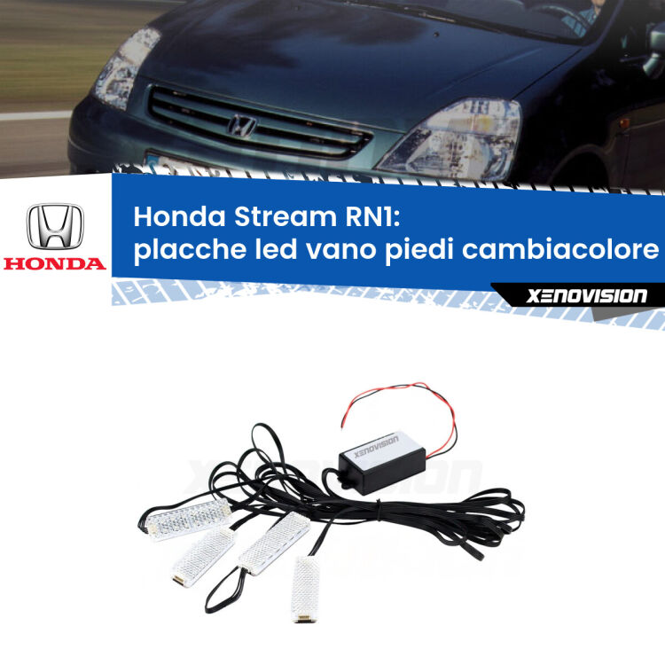 <strong>Kit placche LED cambiacolore vano piedi Honda Stream</strong> RN1 2001 - 2006. 4 placche <strong>Bluetooth</strong> con app Android /iOS.