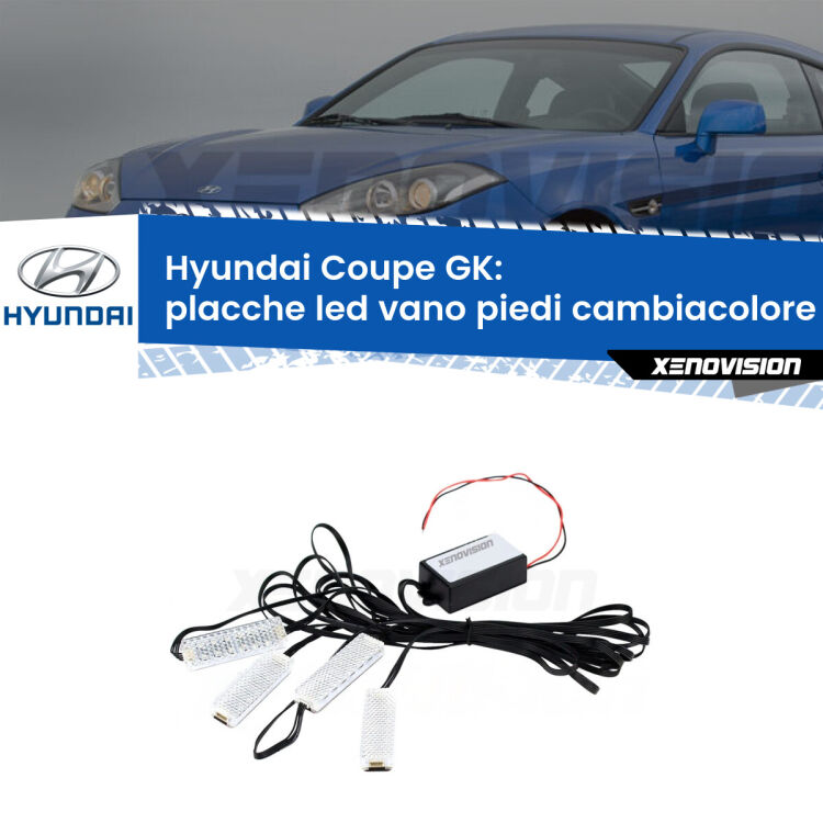 <strong>Kit placche LED cambiacolore vano piedi Hyundai Coupe</strong> GK 2002 - 2009. 4 placche <strong>Bluetooth</strong> con app Android /iOS.