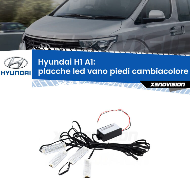 <strong>Kit placche LED cambiacolore vano piedi Hyundai H1</strong> A1 1997 - 2008. 4 placche <strong>Bluetooth</strong> con app Android /iOS.