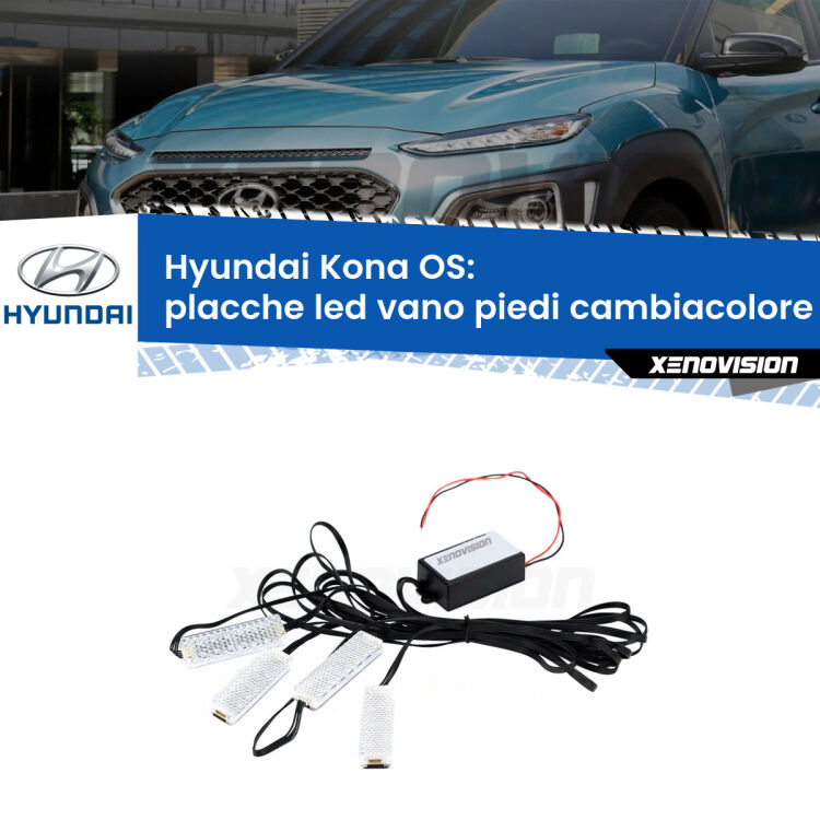 <strong>Kit placche LED cambiacolore vano piedi Hyundai Kona</strong> OS 2017 - 2022. 4 placche <strong>Bluetooth</strong> con app Android /iOS.