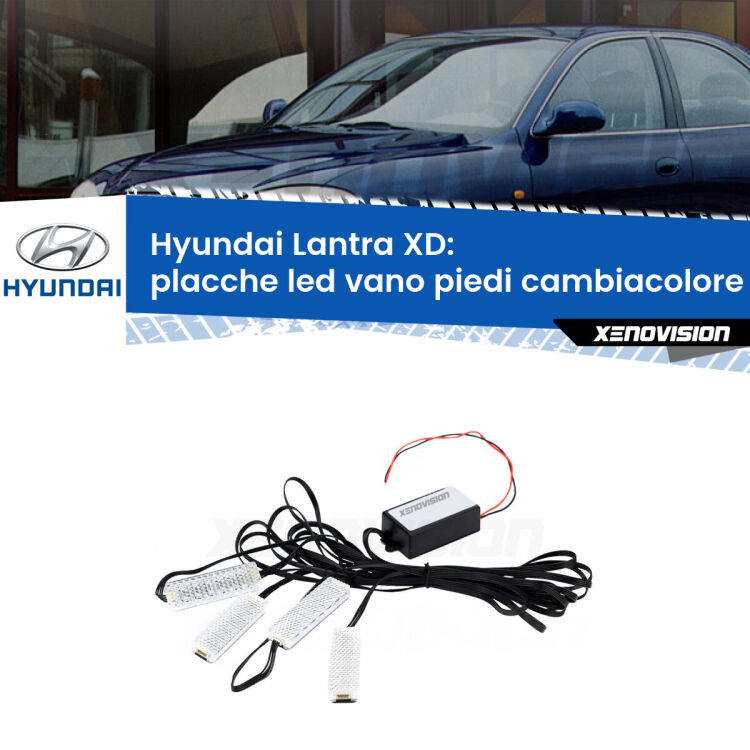 <strong>Kit placche LED cambiacolore vano piedi Hyundai Lantra</strong> XD 2000 - 2006. 4 placche <strong>Bluetooth</strong> con app Android /iOS.