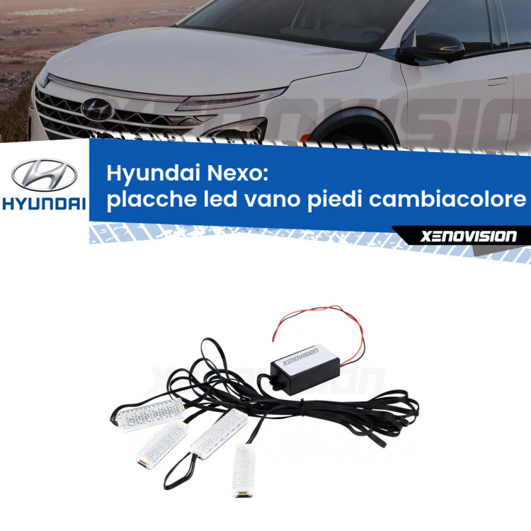 <strong>Kit placche LED cambiacolore vano piedi Hyundai Nexo</strong>  2018 in poi. 4 placche <strong>Bluetooth</strong> con app Android /iOS.