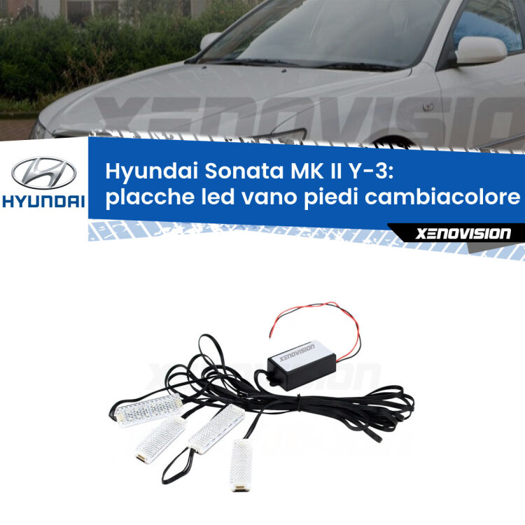 <strong>Kit placche LED cambiacolore vano piedi Hyundai Sonata MK II</strong> Y-3 1993 - 1998. 4 placche <strong>Bluetooth</strong> con app Android /iOS.