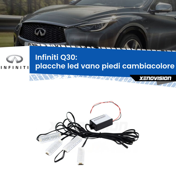 <strong>Kit placche LED cambiacolore vano piedi Infiniti Q30</strong>  2015 - 2019. 4 placche <strong>Bluetooth</strong> con app Android /iOS.