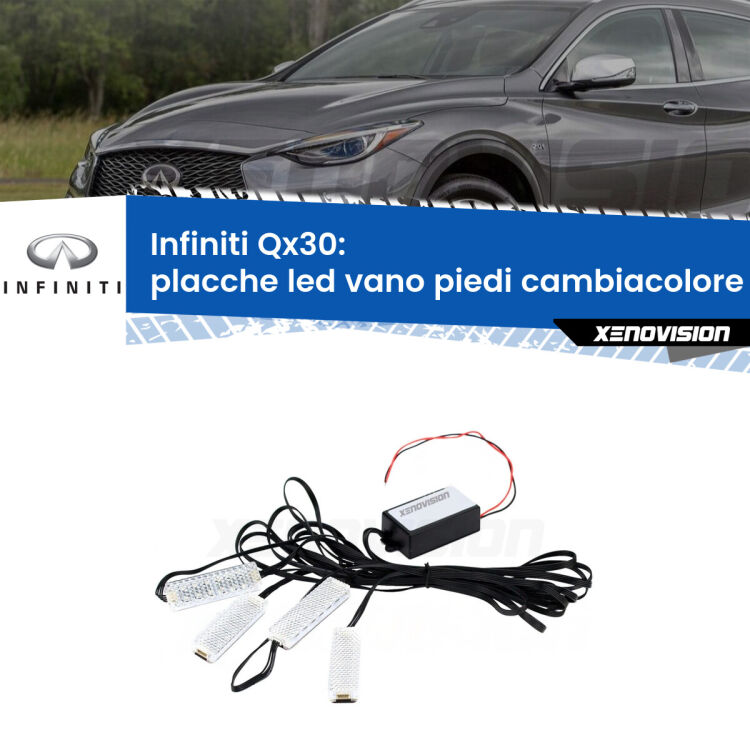 <strong>Kit placche LED cambiacolore vano piedi Infiniti Qx30</strong>  2016 - 2019. 4 placche <strong>Bluetooth</strong> con app Android /iOS.