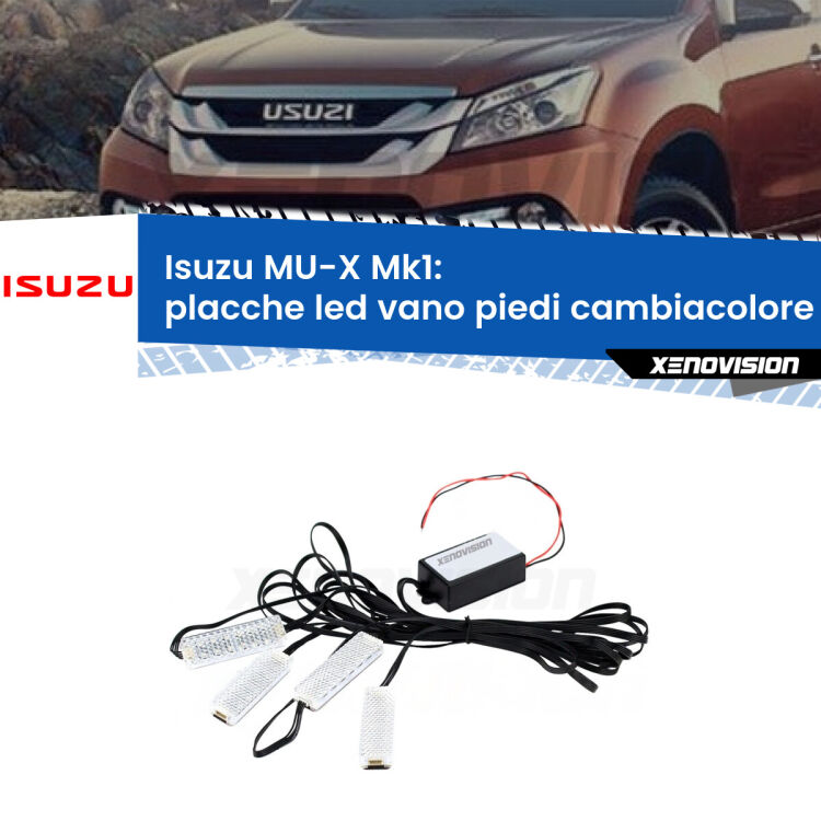 <strong>Kit placche LED cambiacolore vano piedi Isuzu MU-X</strong> Mk1 2013 - 2019. 4 placche <strong>Bluetooth</strong> con app Android /iOS.