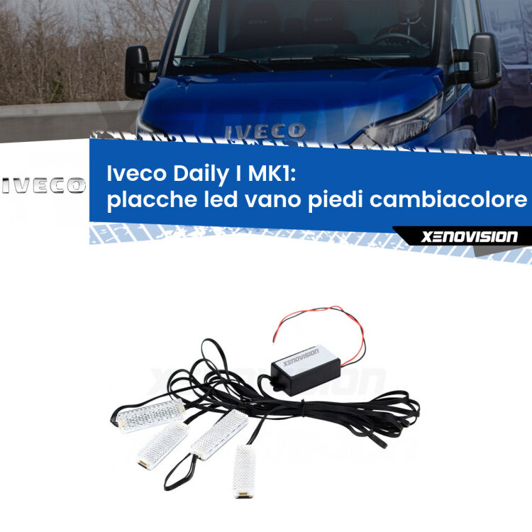 <strong>Kit placche LED cambiacolore vano piedi Iveco Daily I</strong> MK1 1978 - 1999. 4 placche <strong>Bluetooth</strong> con app Android /iOS.