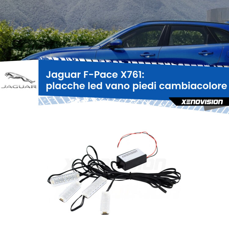 <strong>Kit placche LED cambiacolore vano piedi Jaguar F-Pace</strong> X761 2015 in poi. 4 placche <strong>Bluetooth</strong> con app Android /iOS.