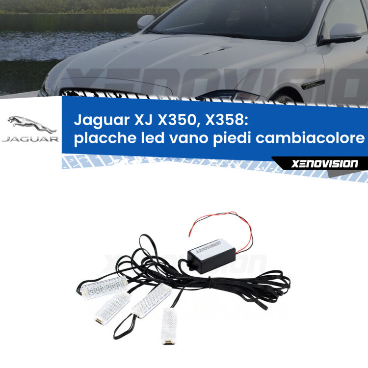 <strong>Kit placche LED cambiacolore vano piedi Jaguar XJ</strong> X350, X358 2003 - 2009. 4 placche <strong>Bluetooth</strong> con app Android /iOS.