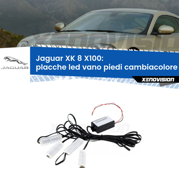 <strong>Kit placche LED cambiacolore vano piedi Jaguar XK 8</strong> X100 1996 - 2005. 4 placche <strong>Bluetooth</strong> con app Android /iOS.