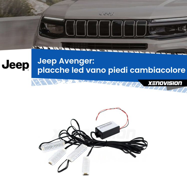 <strong>Kit placche LED cambiacolore vano piedi Jeep Avenger</strong>  2023 in poi. 4 placche <strong>Bluetooth</strong> con app Android /iOS.