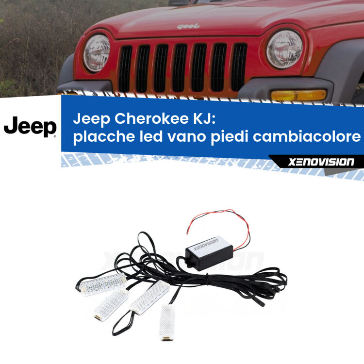 <strong>Kit placche LED cambiacolore vano piedi Jeep Cherokee</strong> KJ 2002 - 2007. 4 placche <strong>Bluetooth</strong> con app Android /iOS.