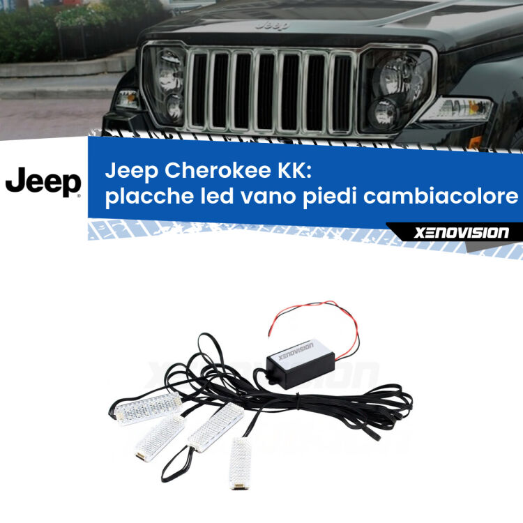 <strong>Kit placche LED cambiacolore vano piedi Jeep Cherokee</strong> KK 2008 - 2013. 4 placche <strong>Bluetooth</strong> con app Android /iOS.