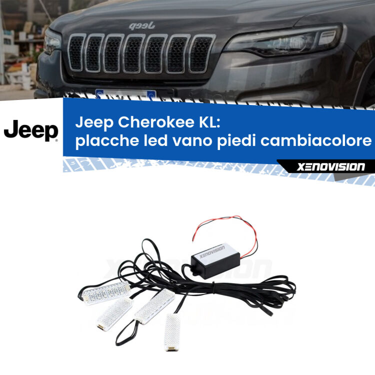 <strong>Kit placche LED cambiacolore vano piedi Jeep Cherokee</strong> KL 2014 in poi. 4 placche <strong>Bluetooth</strong> con app Android /iOS.