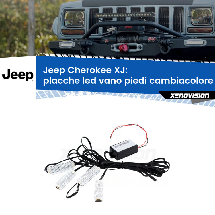 <strong>Kit placche LED cambiacolore vano piedi Jeep Cherokee</strong> XJ 1984 - 2001. 4 placche <strong>Bluetooth</strong> con app Android /iOS.