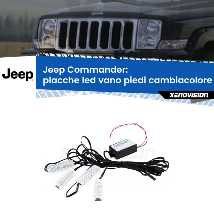 <strong>Kit placche LED cambiacolore vano piedi Jeep Commander</strong>  2005 - 2010. 4 placche <strong>Bluetooth</strong> con app Android /iOS.