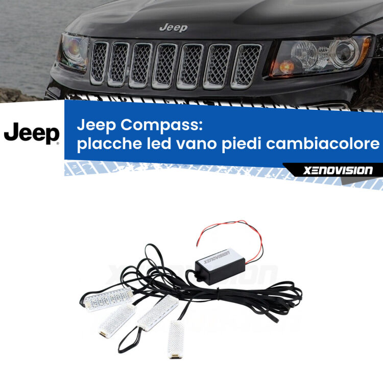 <strong>Kit placche LED cambiacolore vano piedi Jeep Compass</strong>  2006 - 2016. 4 placche <strong>Bluetooth</strong> con app Android /iOS.