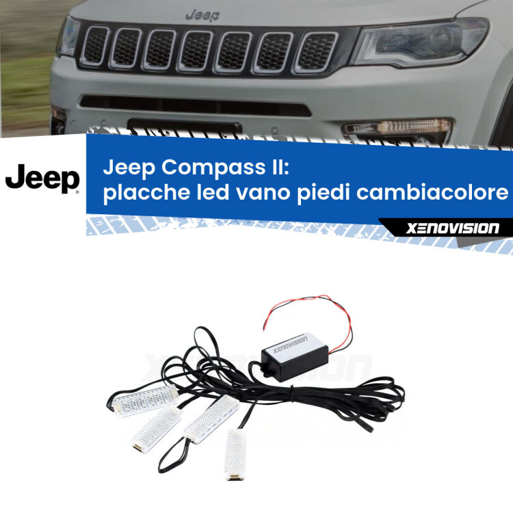 <strong>Kit placche LED cambiacolore vano piedi Jeep Compass</strong> II 2017 - 2020. 4 placche <strong>Bluetooth</strong> con app Android /iOS.