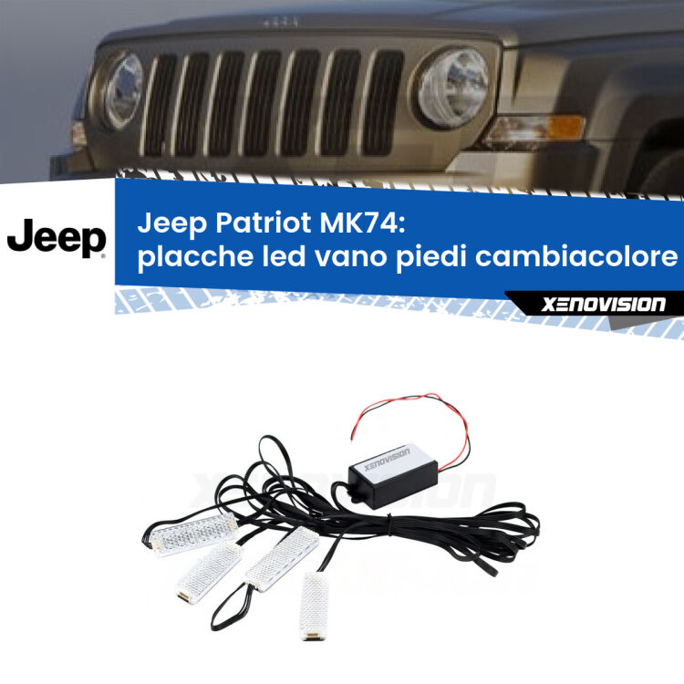 <strong>Kit placche LED cambiacolore vano piedi Jeep Patriot</strong> MK74 2007 - 2017. 4 placche <strong>Bluetooth</strong> con app Android /iOS.