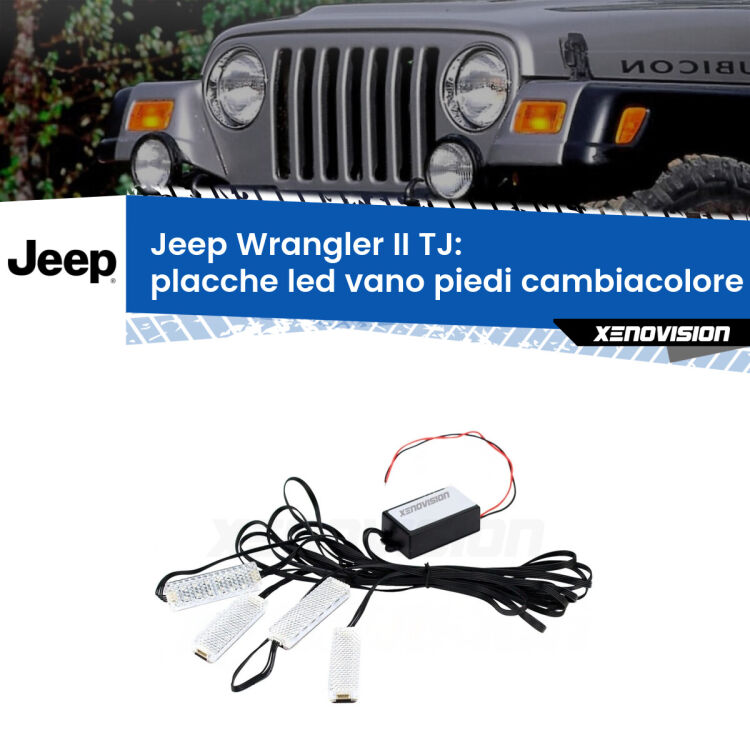 <strong>Kit placche LED cambiacolore vano piedi Jeep Wrangler II</strong> TJ 1996 - 2005. 4 placche <strong>Bluetooth</strong> con app Android /iOS.