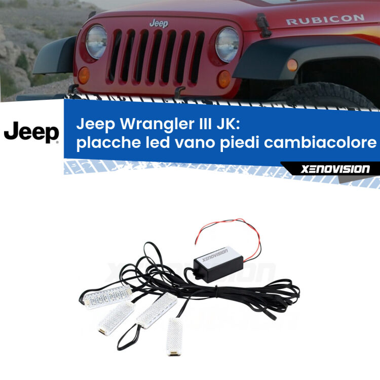 <strong>Kit placche LED cambiacolore vano piedi Jeep Wrangler III</strong> JK 2006 - 2016. 4 placche <strong>Bluetooth</strong> con app Android /iOS.