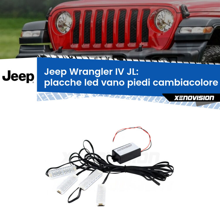 <strong>Kit placche LED cambiacolore vano piedi Jeep Wrangler IV</strong> JL 2017 in poi. 4 placche <strong>Bluetooth</strong> con app Android /iOS.