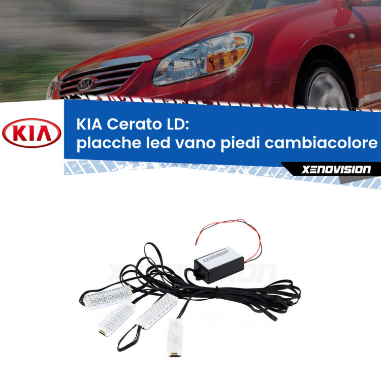 <strong>Kit placche LED cambiacolore vano piedi KIA Cerato</strong> LD 2003 - 2007. 4 placche <strong>Bluetooth</strong> con app Android /iOS.