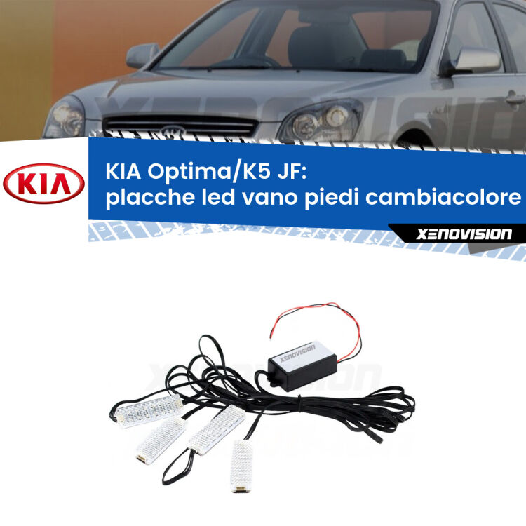 <strong>Kit placche LED cambiacolore vano piedi KIA Optima/K5</strong> JF 2015 - 2018. 4 placche <strong>Bluetooth</strong> con app Android /iOS.