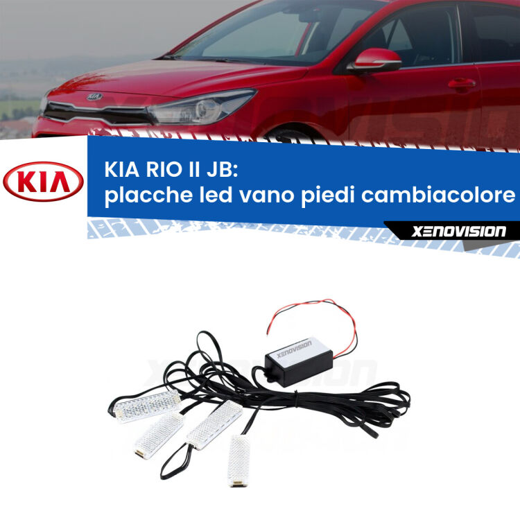 <strong>Kit placche LED cambiacolore vano piedi KIA RIO II</strong> JB 2005 - 2010. 4 placche <strong>Bluetooth</strong> con app Android /iOS.