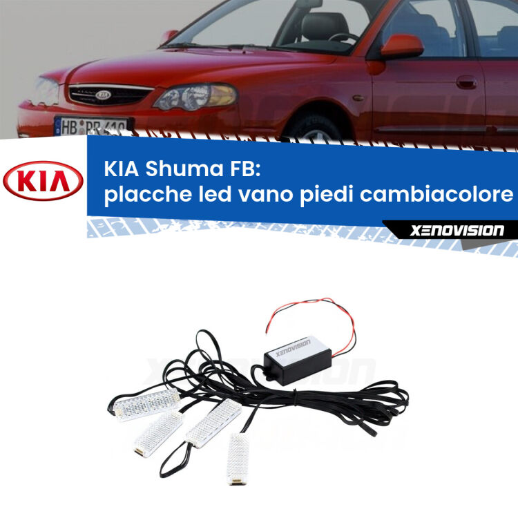 <strong>Kit placche LED cambiacolore vano piedi KIA Shuma</strong> FB 1997 - 2000. 4 placche <strong>Bluetooth</strong> con app Android /iOS.