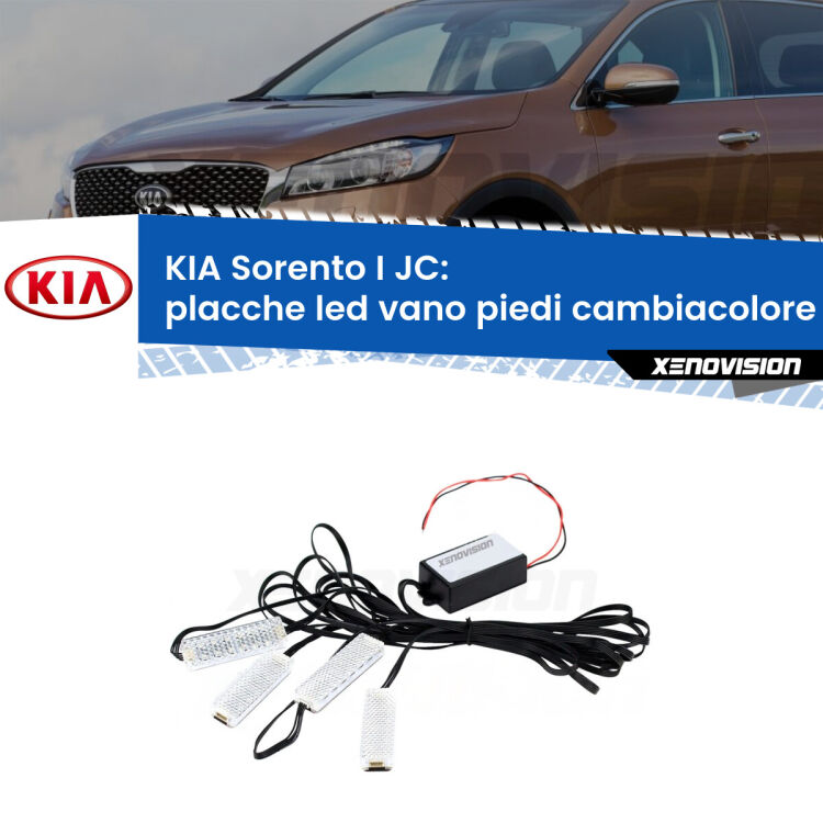 <strong>Kit placche LED cambiacolore vano piedi KIA Sorento I</strong> JC 2002 - 2008. 4 placche <strong>Bluetooth</strong> con app Android /iOS.