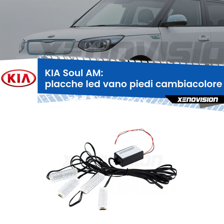 <strong>Kit placche LED cambiacolore vano piedi KIA Soul</strong> AM 2009 - 2014. 4 placche <strong>Bluetooth</strong> con app Android /iOS.