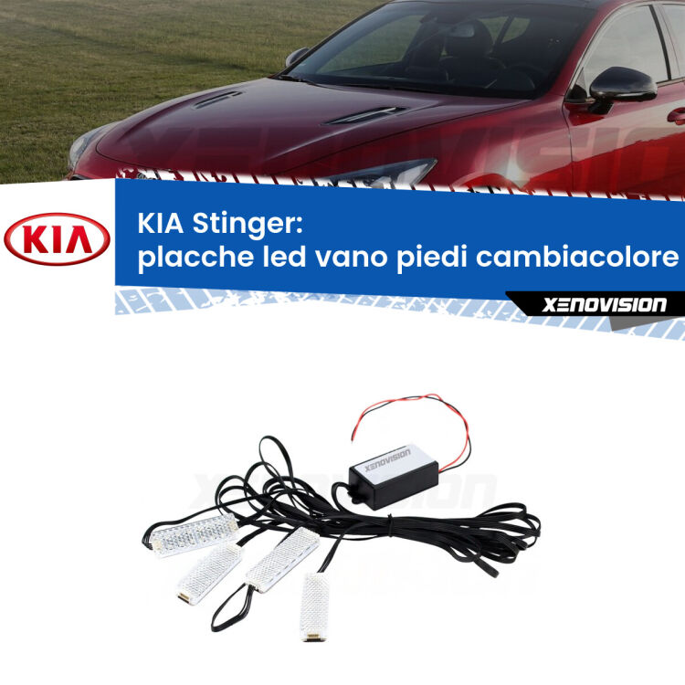 <strong>Kit placche LED cambiacolore vano piedi KIA Stinger</strong>  2017 in poi. 4 placche <strong>Bluetooth</strong> con app Android /iOS.