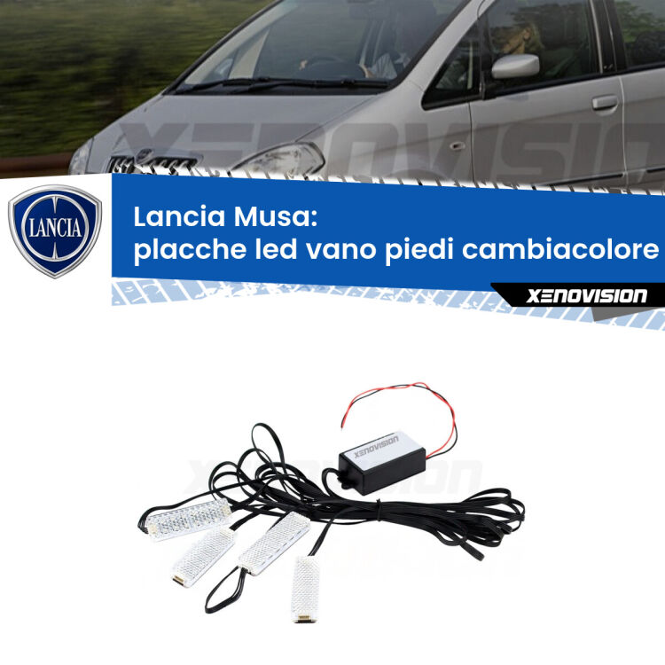 <strong>Kit placche LED cambiacolore vano piedi Lancia Musa</strong>  2004 - 2012. 4 placche <strong>Bluetooth</strong> con app Android /iOS.