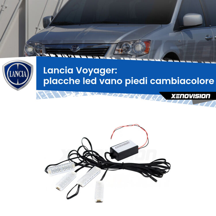 <strong>Kit placche LED cambiacolore vano piedi Lancia Voyager</strong>  2011 - 2014. 4 placche <strong>Bluetooth</strong> con app Android /iOS.