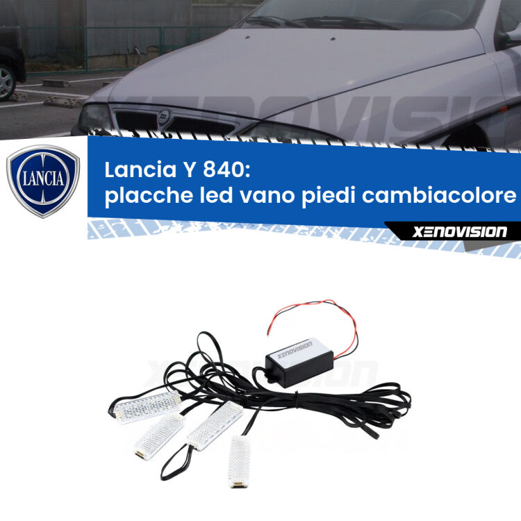 <strong>Kit placche LED cambiacolore vano piedi Lancia Y</strong> 840 1995 - 2003. 4 placche <strong>Bluetooth</strong> con app Android /iOS.