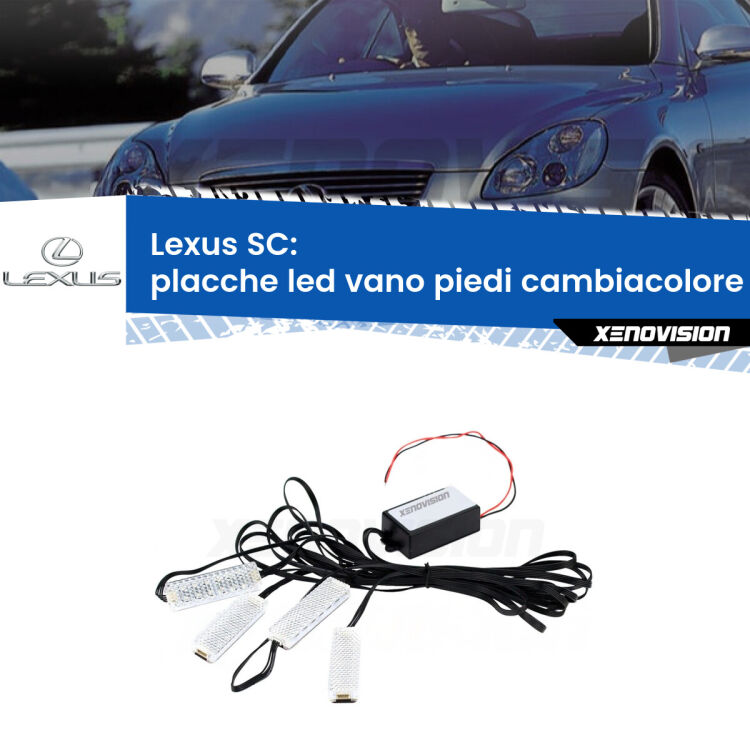 <strong>Kit placche LED cambiacolore vano piedi Lexus SC</strong>  2001 - 2010. 4 placche <strong>Bluetooth</strong> con app Android /iOS.