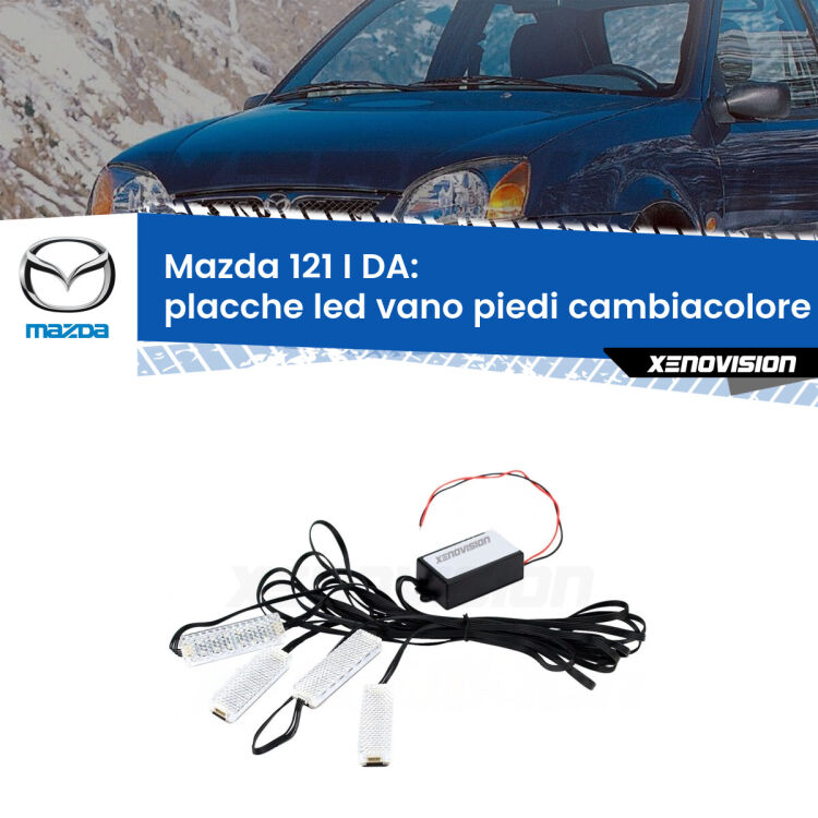 <strong>Kit placche LED cambiacolore vano piedi Mazda 121 I</strong> DA 1987 - 1990. 4 placche <strong>Bluetooth</strong> con app Android /iOS.